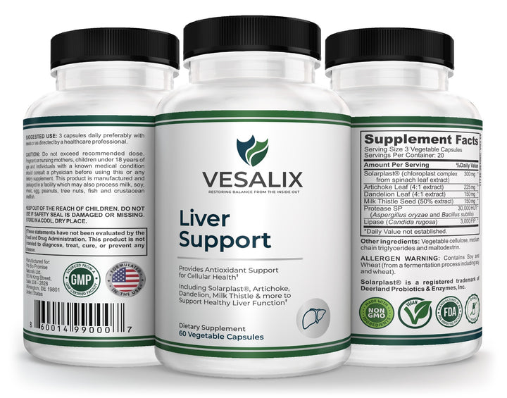 Three white plastic bottles with black caps showing Vesalix Liver Support labels and Supplement Facts.