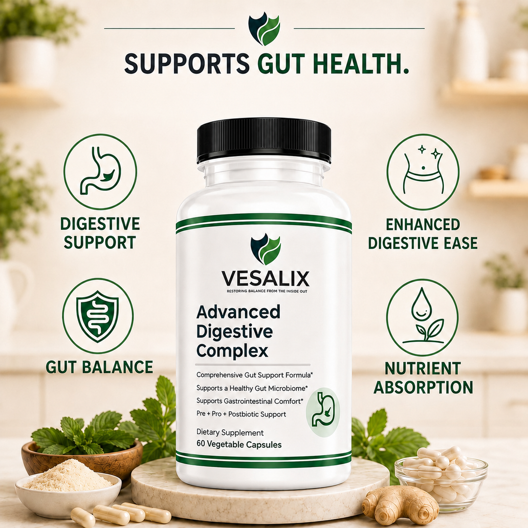 Vesalix Advanced Digestive Complex, Pre &amp; Postbiotic + 18 Enzymes + 3 Billion CFU, PreforPro® &amp; DE111®, 60 Capsules 30 Day Supply