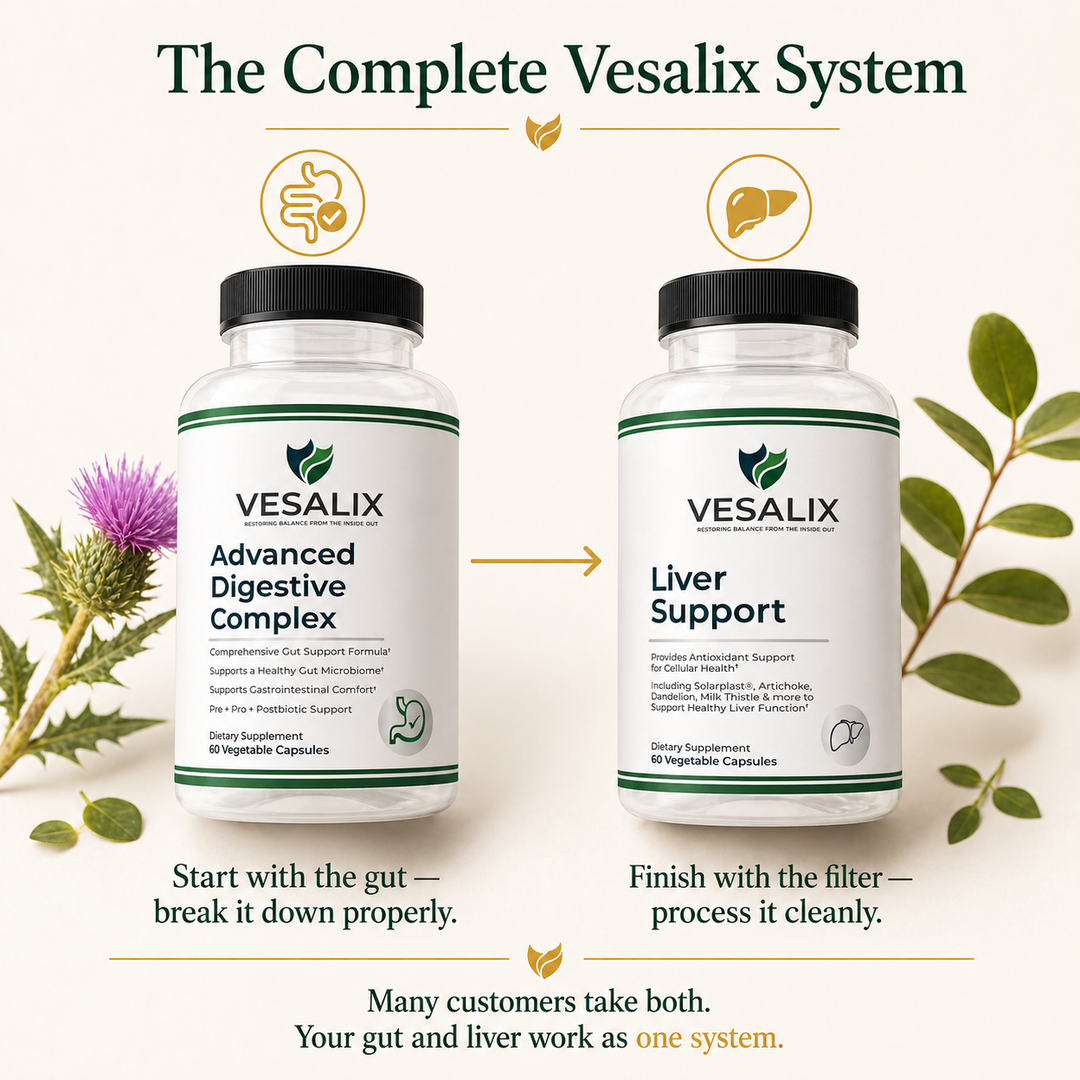 Vesalix Advanced Digestive Complex | Pre &amp; Postbiotic + 18 Enzymes + 3 Billion CFU | PreforPro® &amp; DE111® | Adults 40+ | 60 Capsules