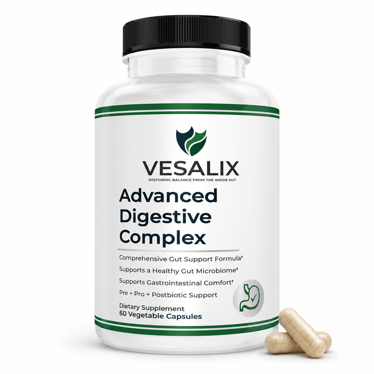 Vesalix Advanced Digestive Complex – Prebiotic, Probiotics, Postbiotic & Enzymes – 60 Capsules